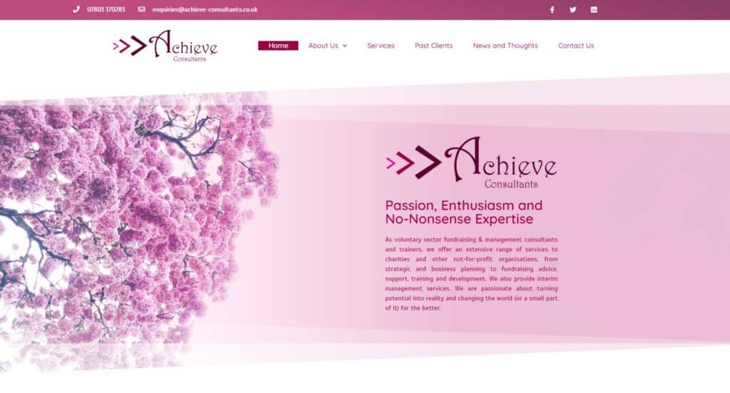 Pink cherry blossom tree with Achieve Consultants branding.
