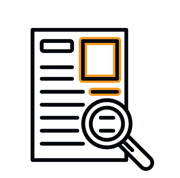 Document analysis icon with magnifying glass and highlighted section.