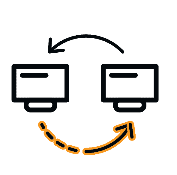 Data transfer between two computers with circular arrow and dotted line.