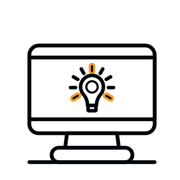 Computer monitor displaying a lightbulb icon with a gear inside.
