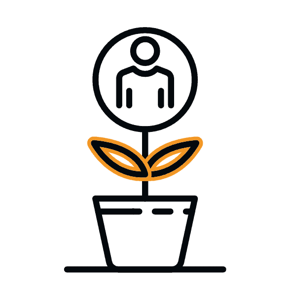 Innovative plant growth system with a person icon and leaves in a pot.