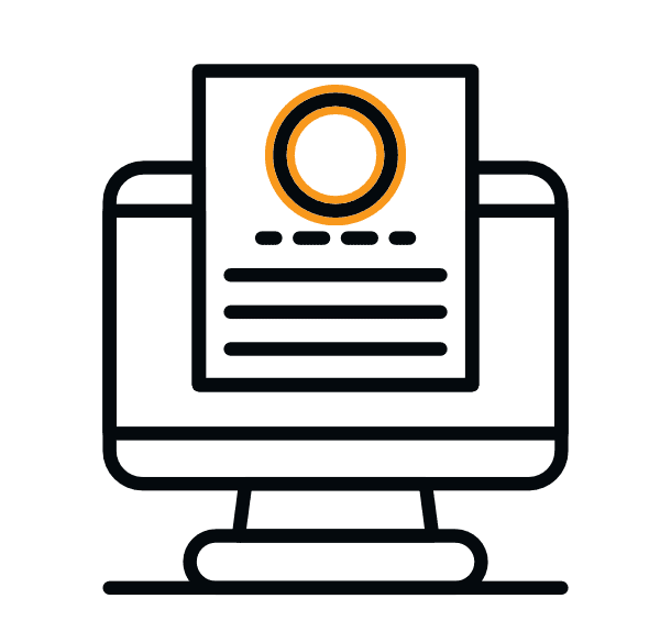 Illustration of a computer monitor displaying a digital document with a circular icon.