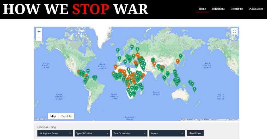 World map showing global conflict zones and peace initiatives.
