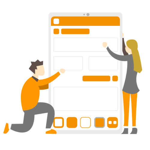 Illustration of two people designing a website on a large screen.