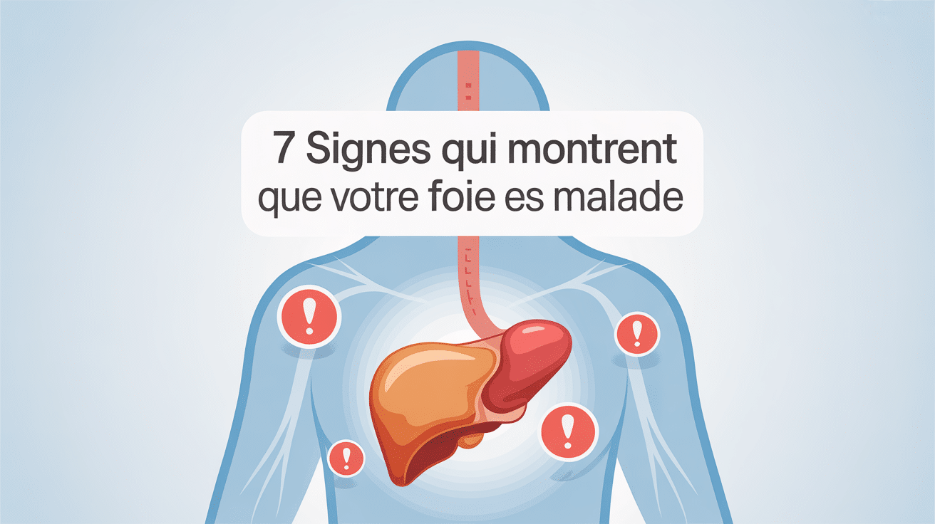 Illustration 7 signes qui montrent que votre foie est malade avec silhouette et symbole alerte