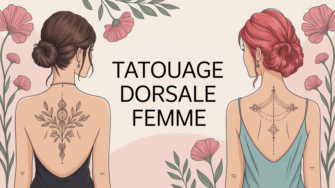 dos femme avec tatouages delicats floraux et geometriques