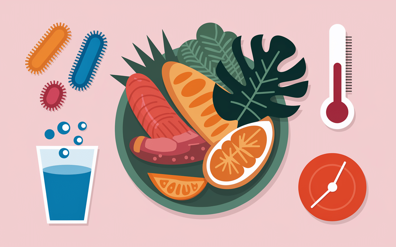 Infographie éducative Bali belly causes bactéries et aliments