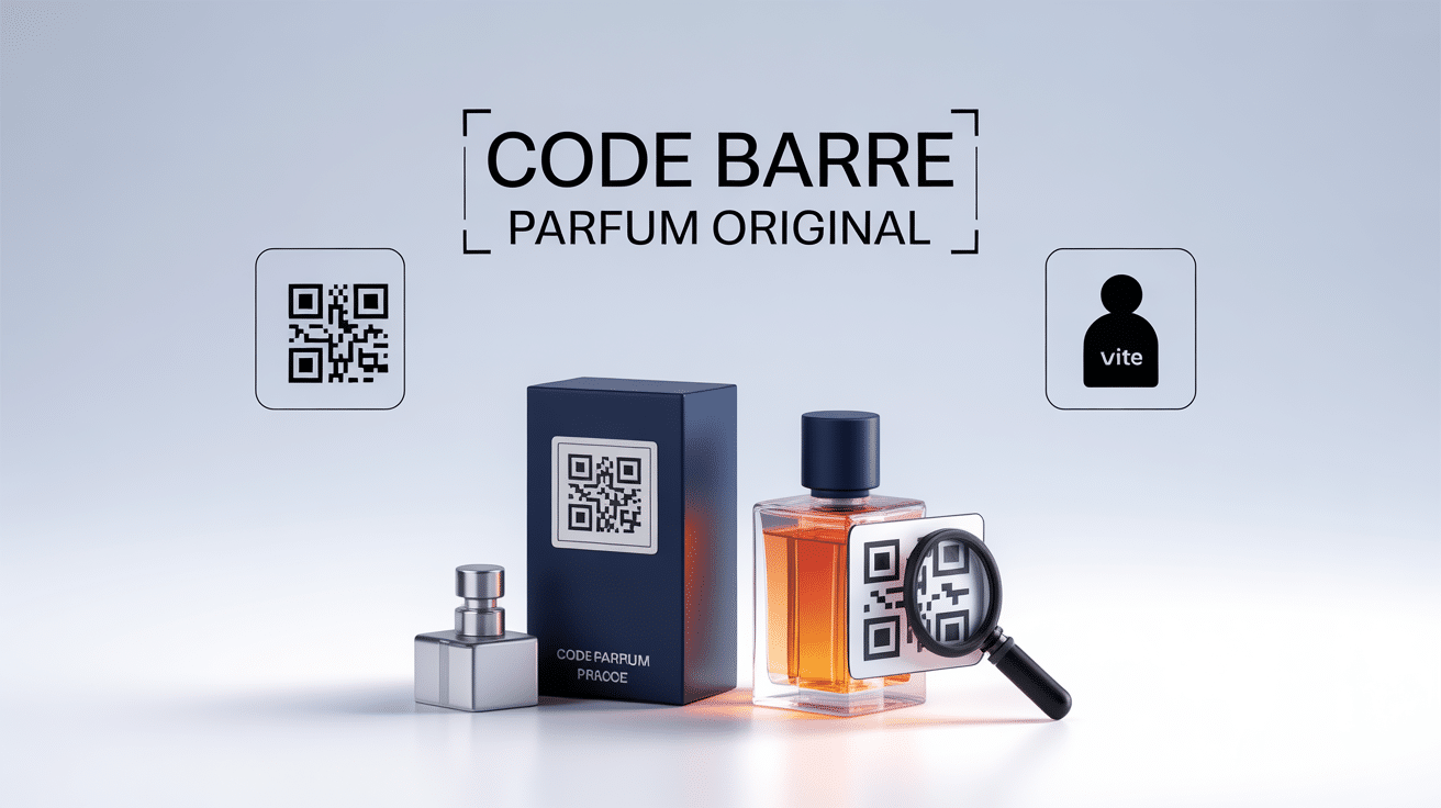 Illustration code barre parfum original avec loupe et pictogrammes