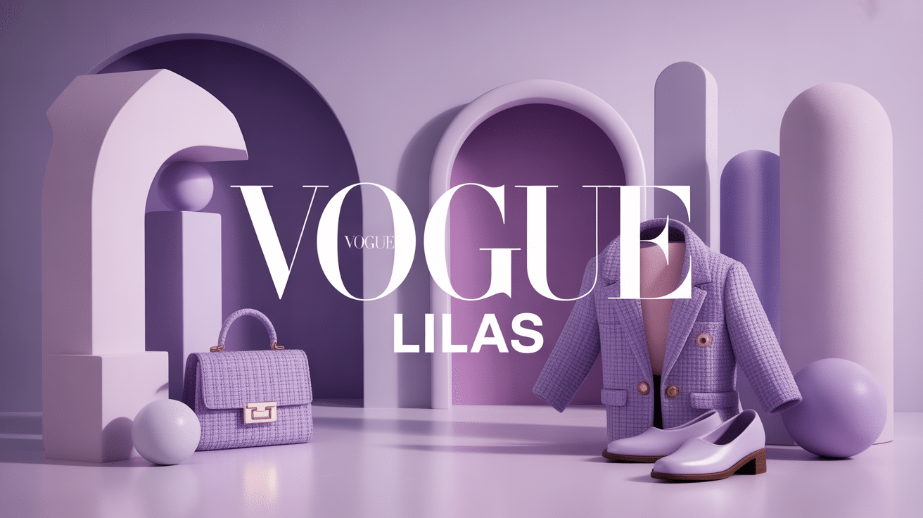 Scène studio vogue lilas avec silhouettes et accessoires pastel chic