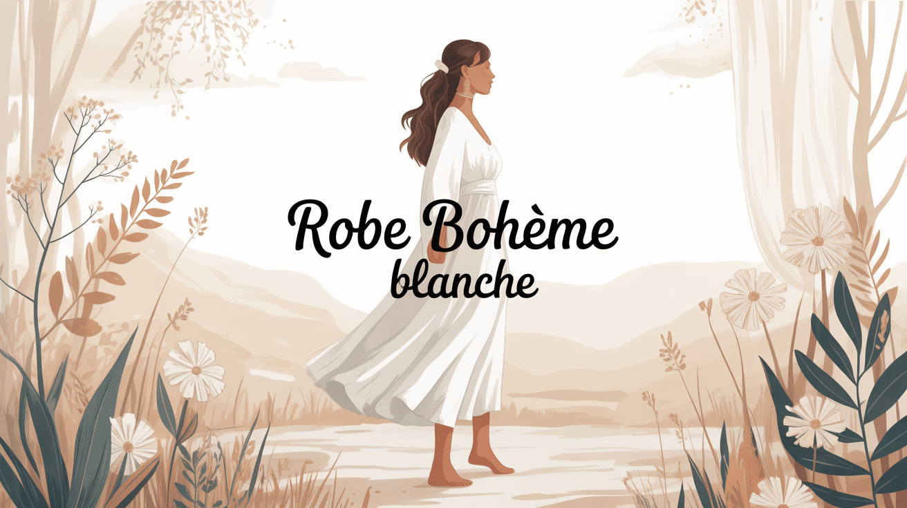 Illustration robe boheme blanche femme élégante décor nature