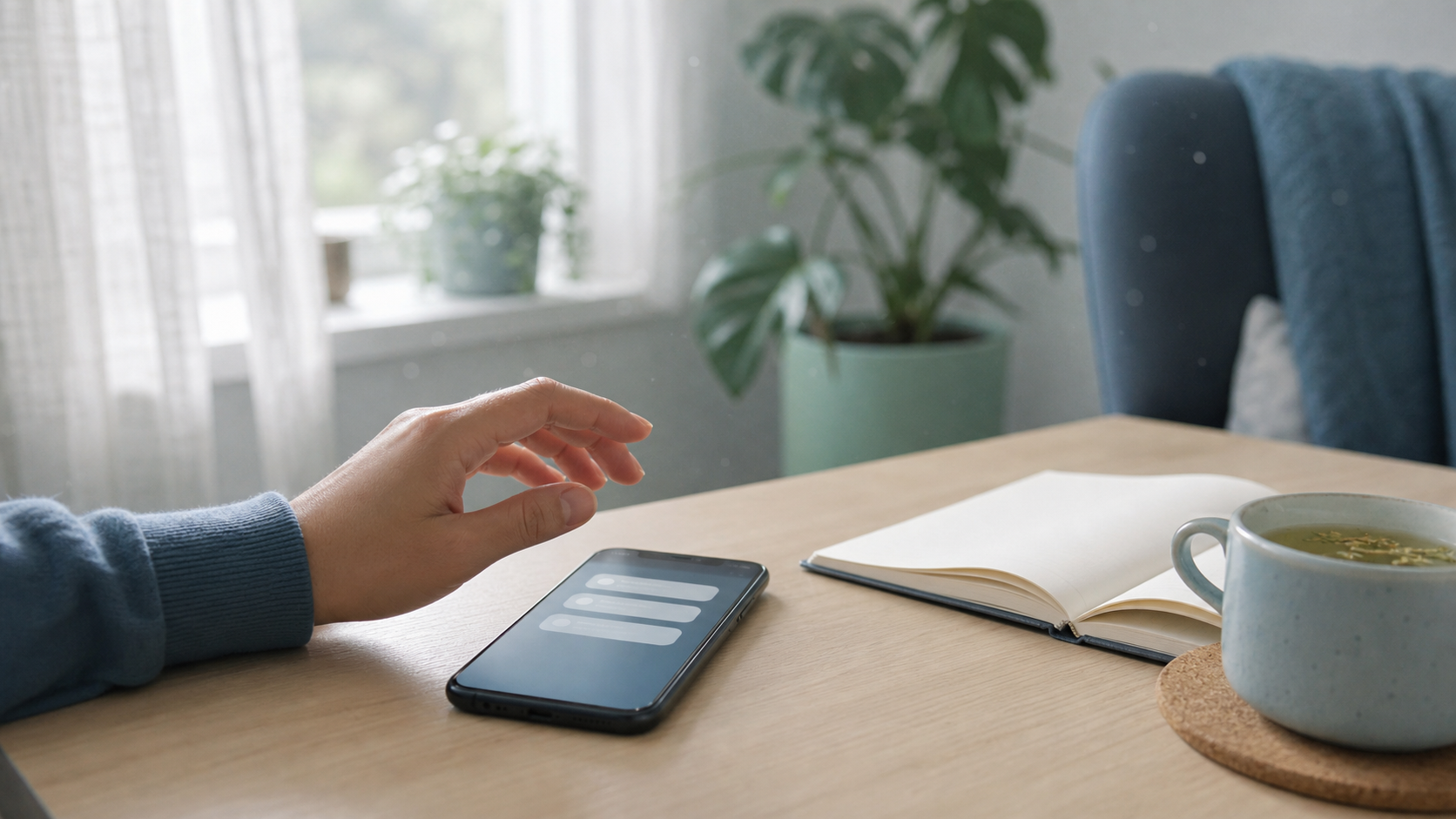 Fatigue mentale : retrouver de l energie mentale, bureau calme avec smartphone, tisane et carnet