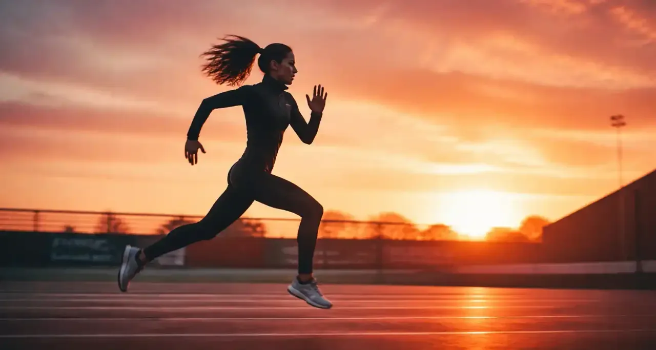 Femme courant au lever du soleil lors d'un entraînement en extérieur