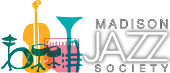 Upright jazz violin, trumpet, saxophone, drums, and a martini glass, representing Madison Jazz Society's lively jazz performances and musical diversity.