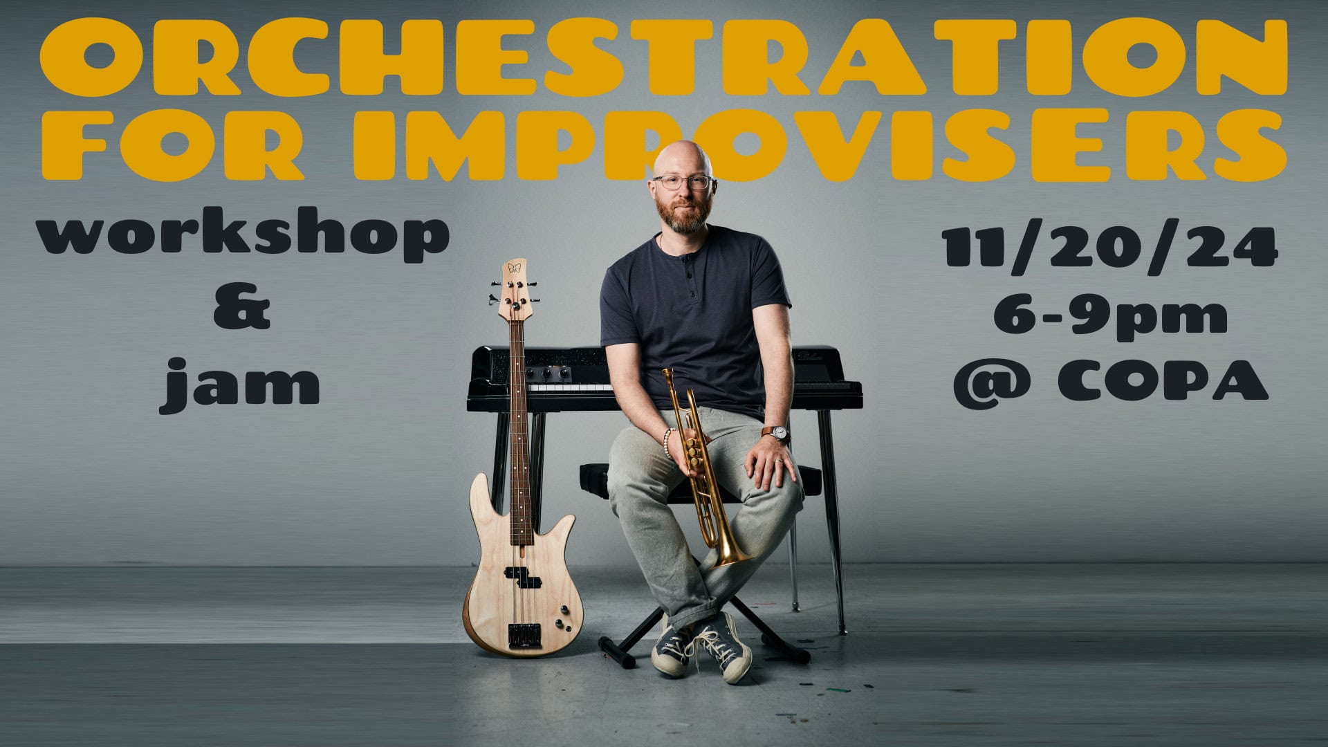 Brightly colored poster promoting Madison Jazz Society's orchestration for improvisers workshop, featuring a musician with a trumpet, piano, and bass guitar.