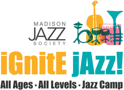 Vibrant Madison Jazz Society logo featuring musical instruments and bold text promoting jazz events and camps for all ages and skill levels.