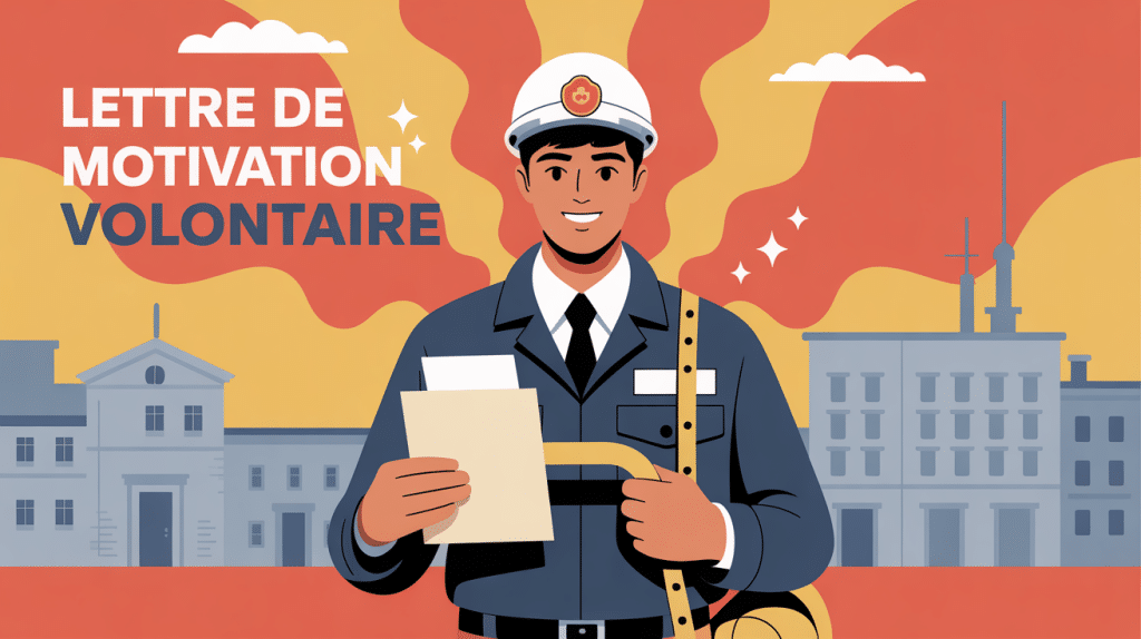Illustration sapeur-pompier volontaire tenant lettre de motivation devant caserne
