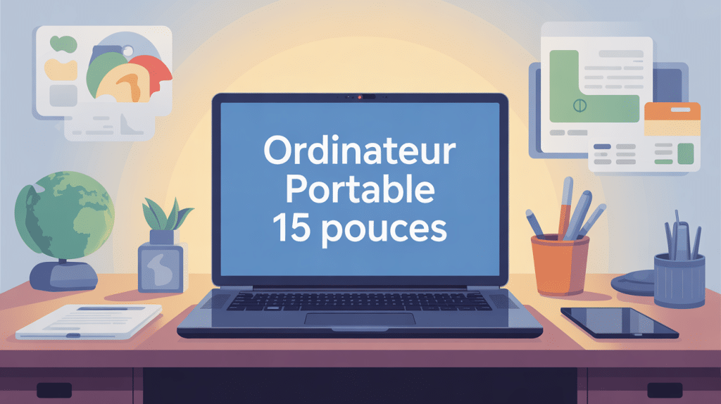 ordinateur portable taille 15 pouces illustré sur bureau