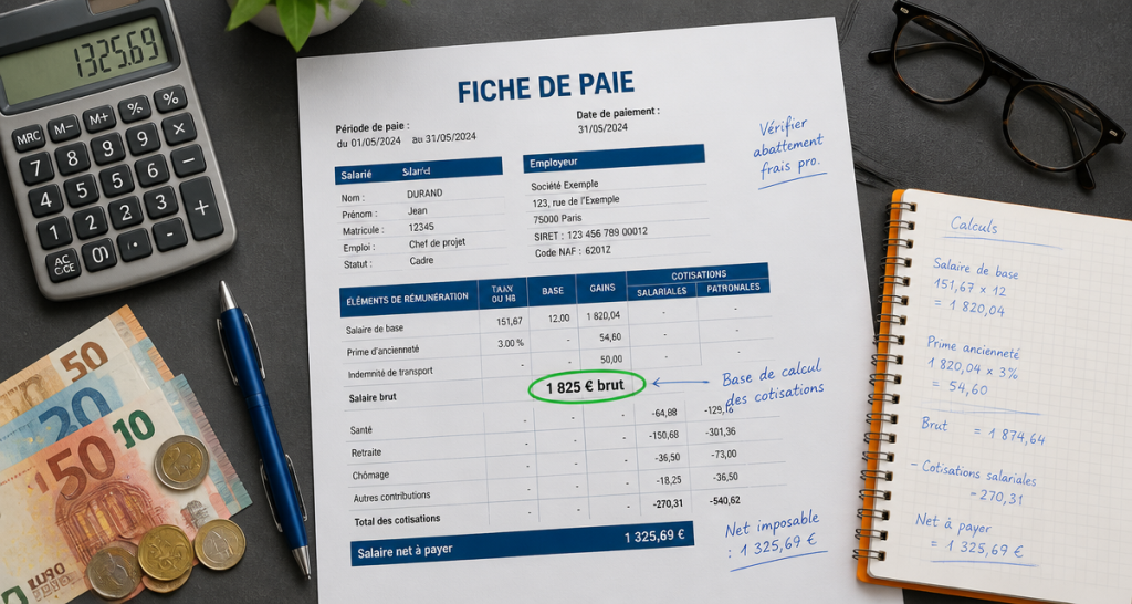 1825 brut en net sur fiche de paie