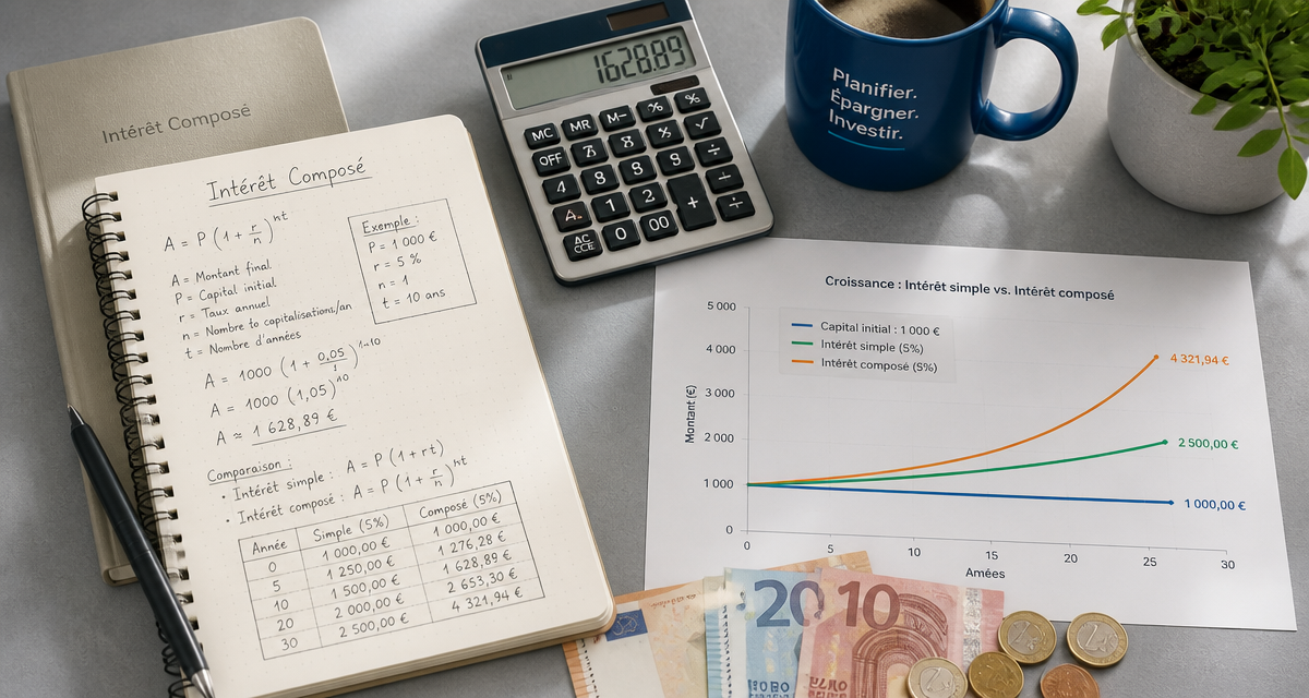 calcul intérêt composé sur bureau avec calculatrice et graphique