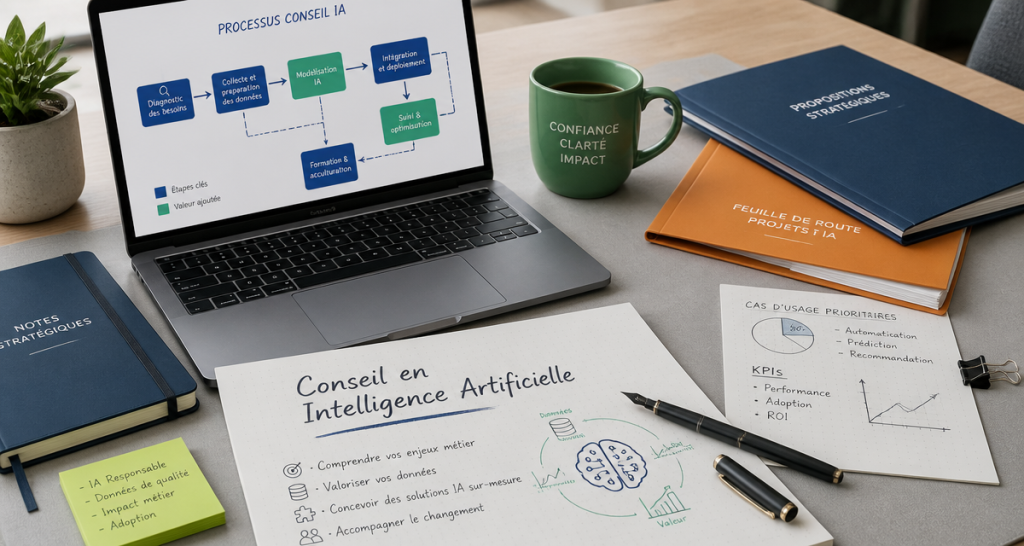 conseil en intelligence artificielle, bureau avec schéma data
