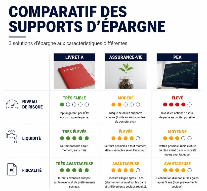Infographie comparative des meilleurs placements bancaires : Livret A, Assurance-vie et PEA pour placer son argent.