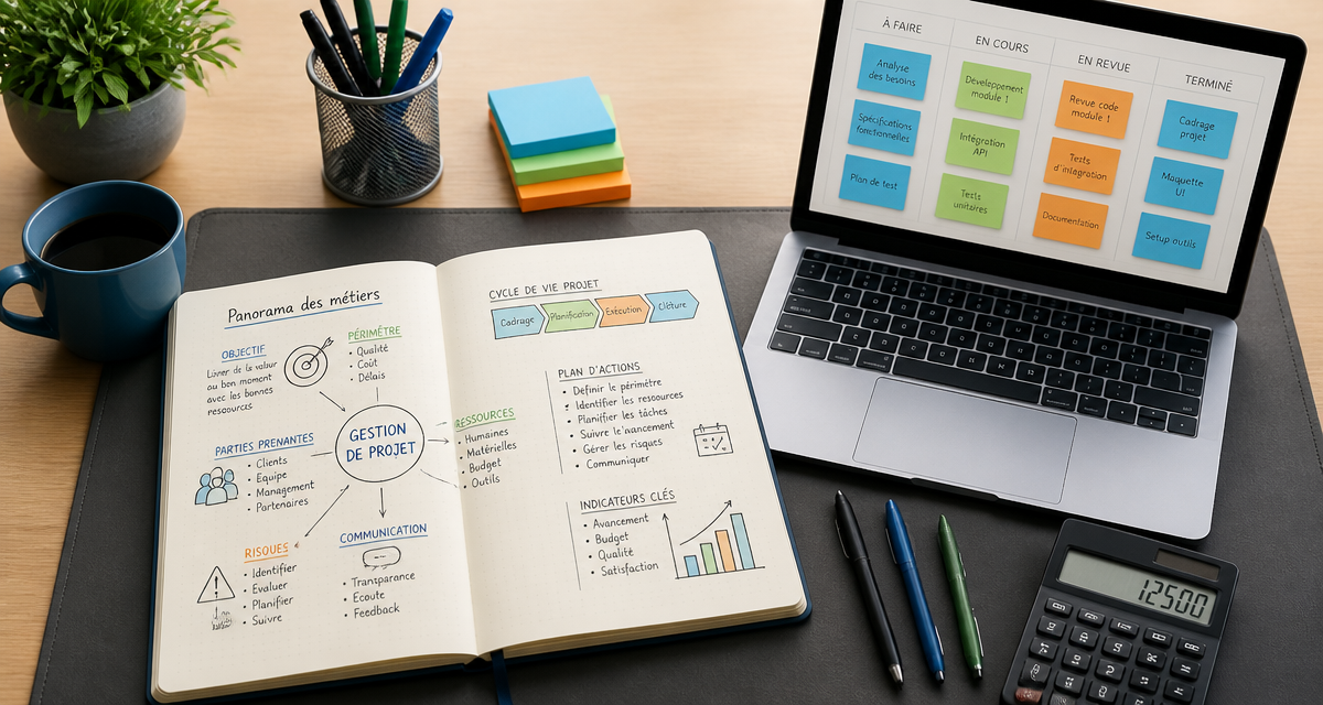 Bureau avec outils gestion de projet métier et carnet