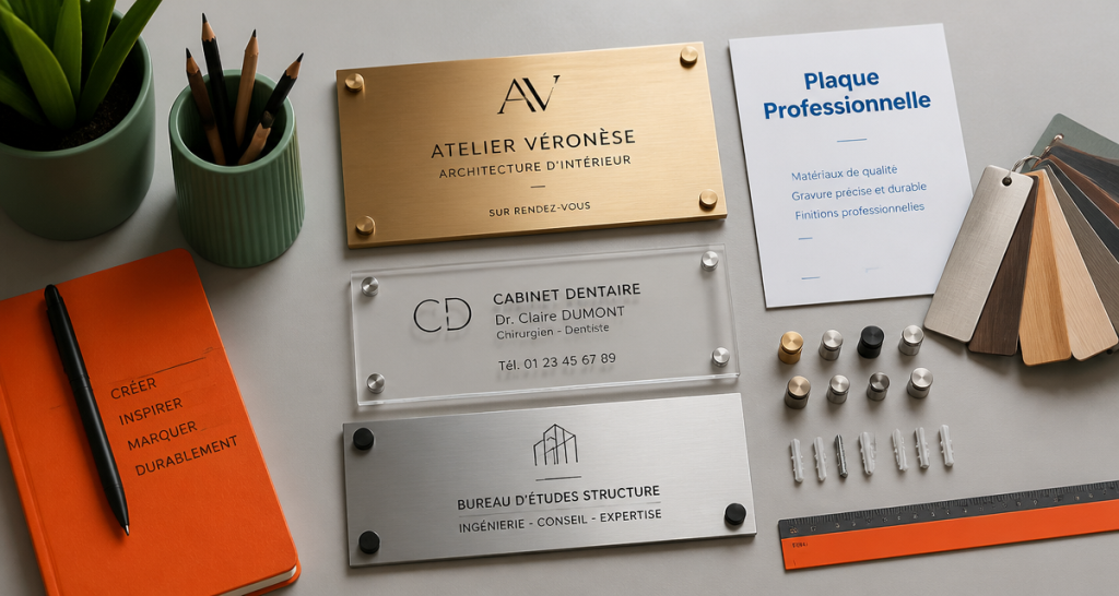 Plaque profession libérale en laiton plexiglas aluminium sur bureau