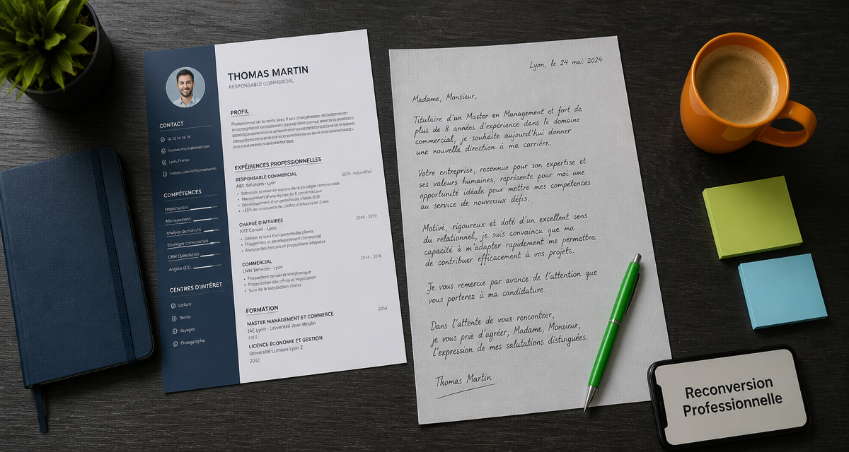 reconversion lettre de motivation CV sur table
