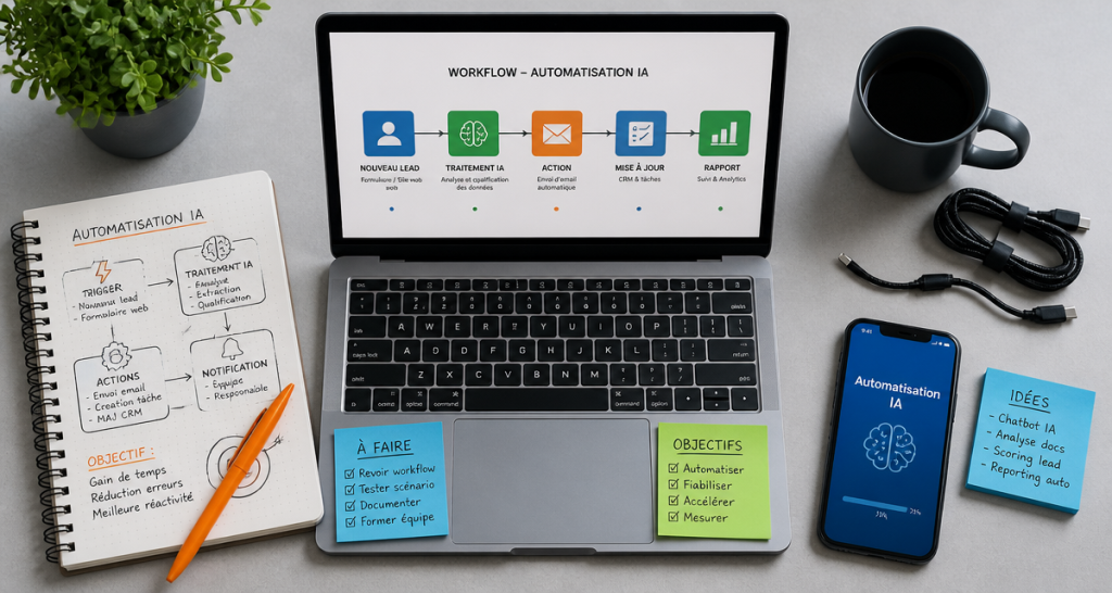 Automatisation IA workflow sur bureau moderne