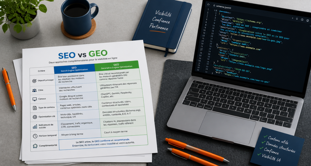 référencement ia tableau SEO GEO et code Schema.org