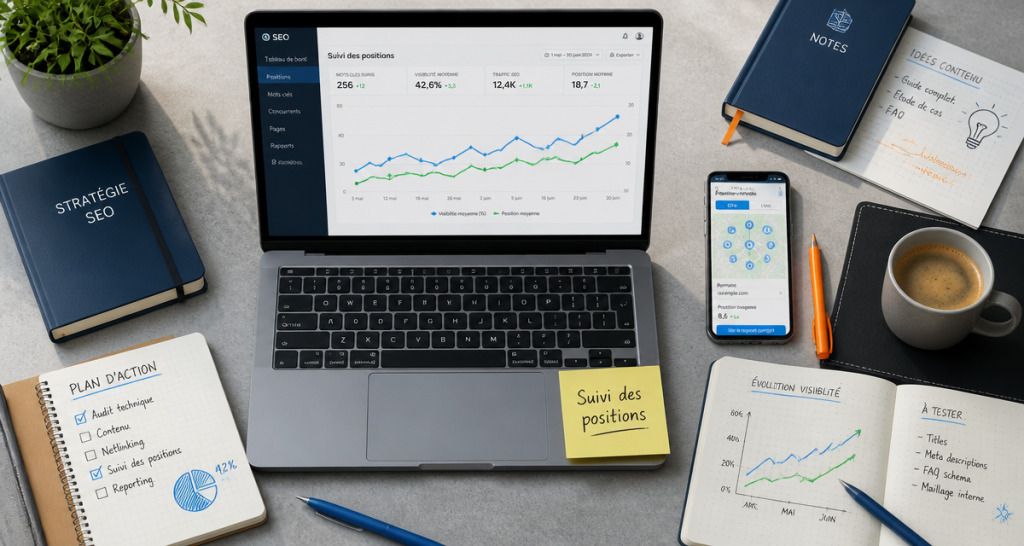 Suivi des positions sur bureau moderne avec graphique SEO