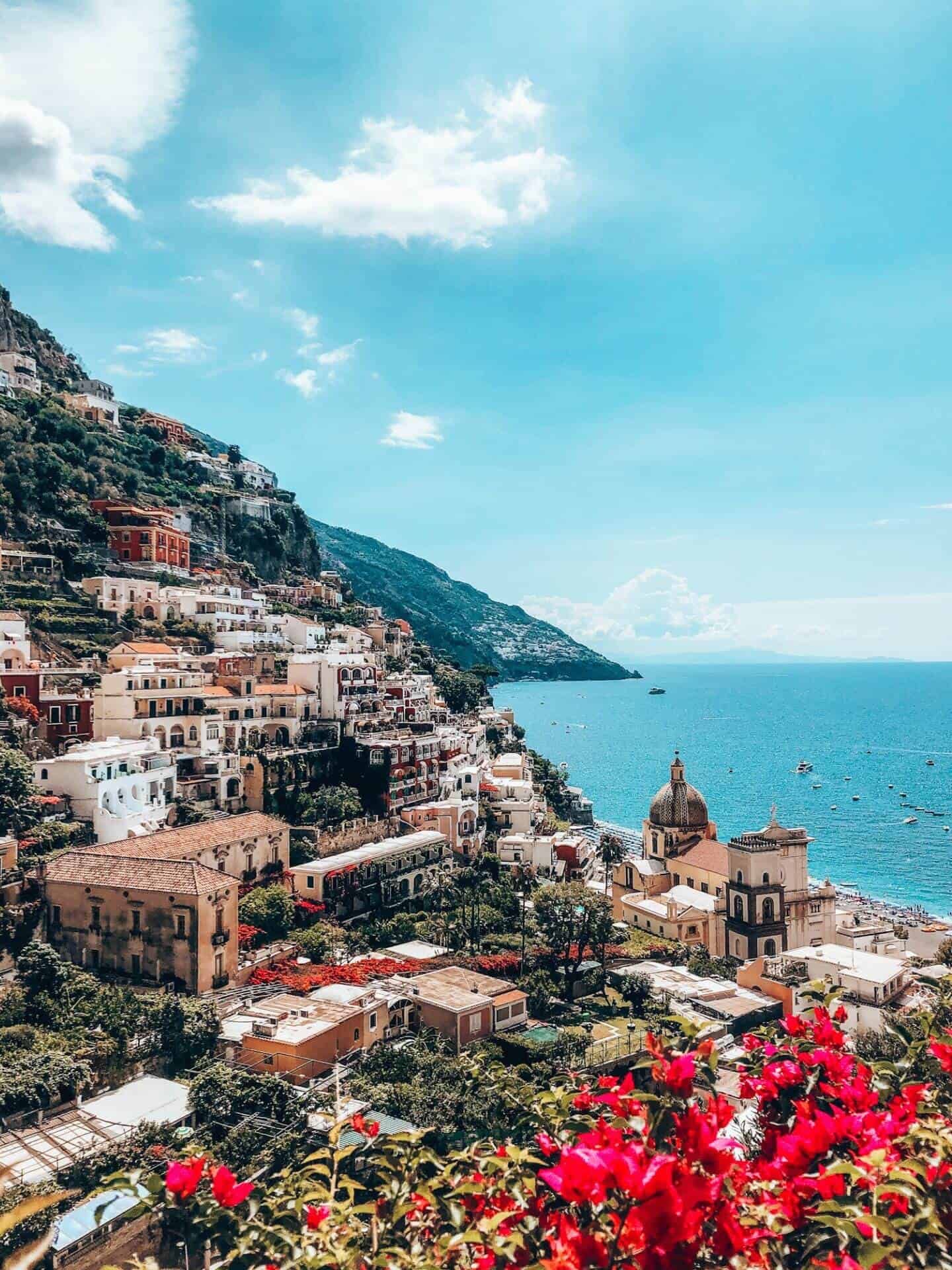 Pretty pastel houses in the cliffs on the Amalfi Coast