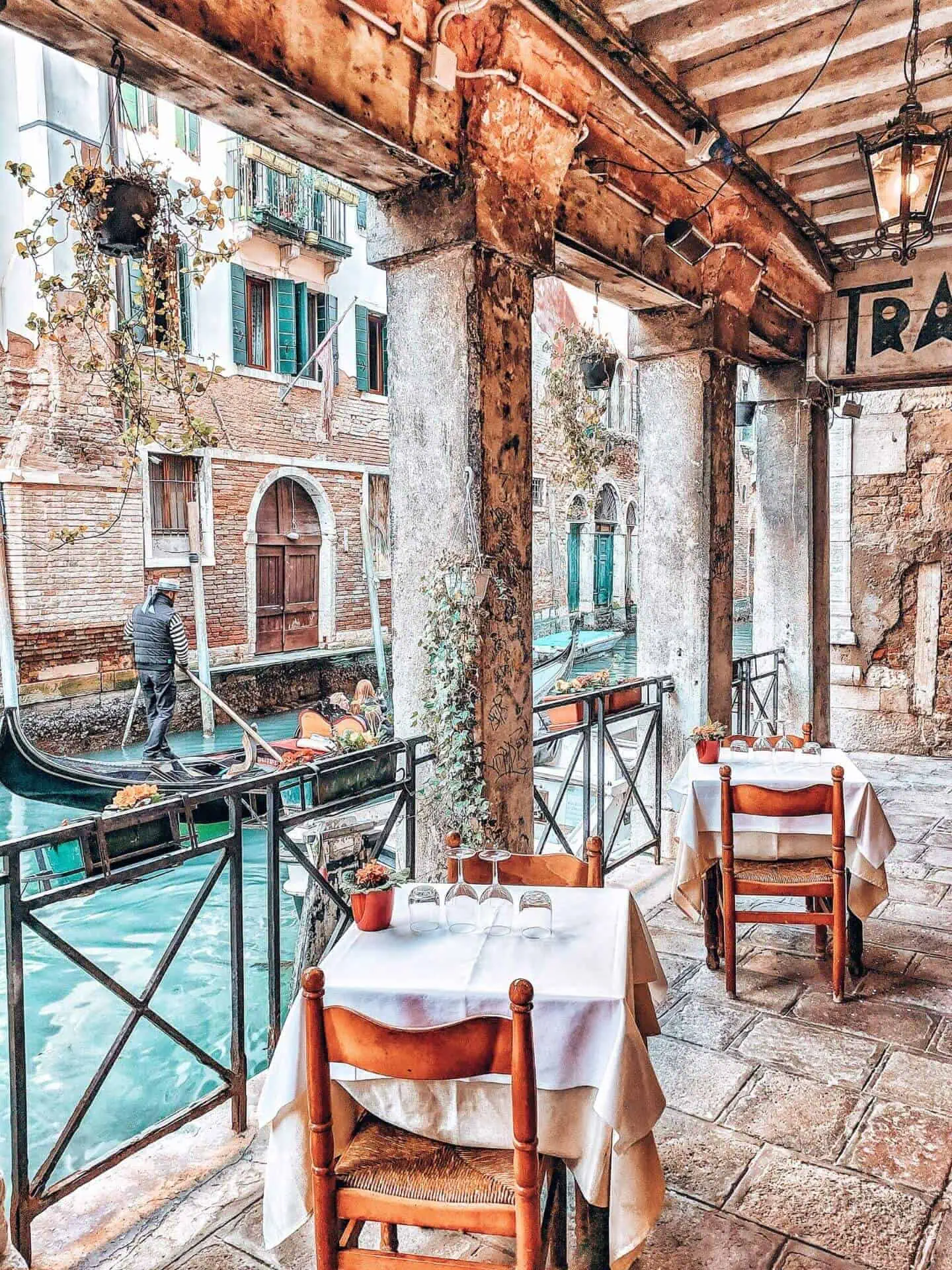 Small tables on a covered courtyard next to a canal in Venice where a man is standing on a gondala