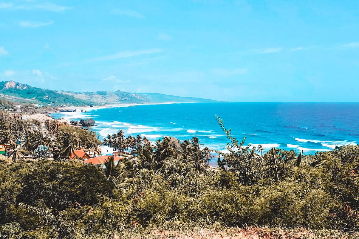 The tropical coastline of Barbados as seen from a view point inland