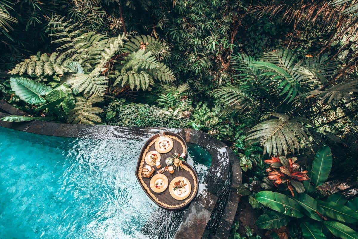 An aerial view of a heart-shaped breakfast tray floating in a tropical swimming pool