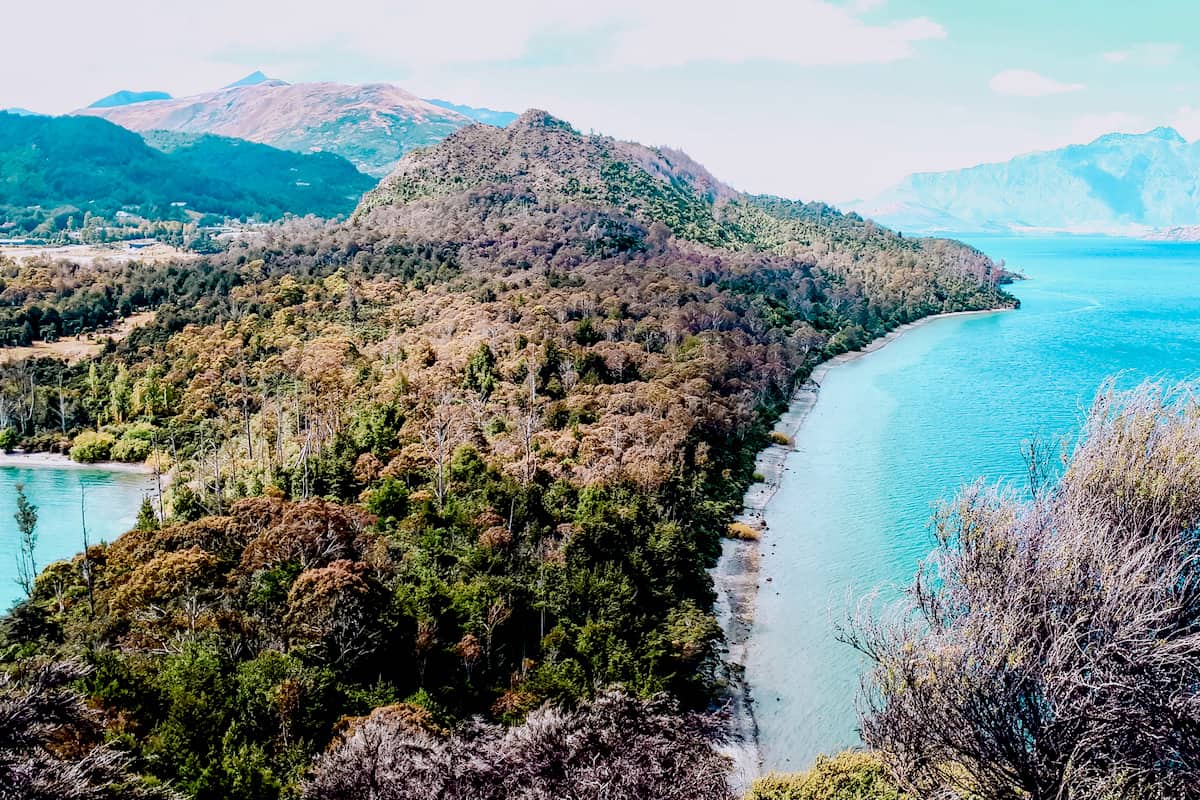 A viewpoint looking out over forest landscape, turquoise lakes and mountains in New Zealand