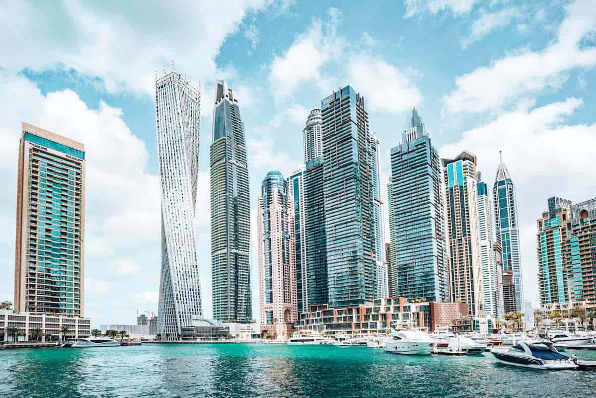 A view across Dubai marina towards modern skyscrapers