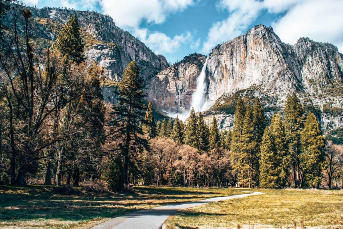 A dramatic cliff with a tumbling waterfall towering over woodland scenery in Yosemite National Park, USA