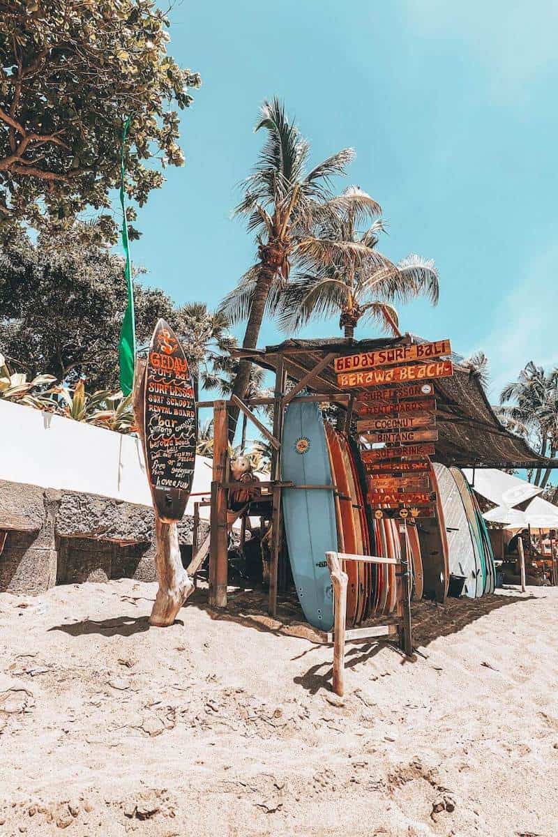 A rustic surf rental hut on a beach in Canggu, Bali