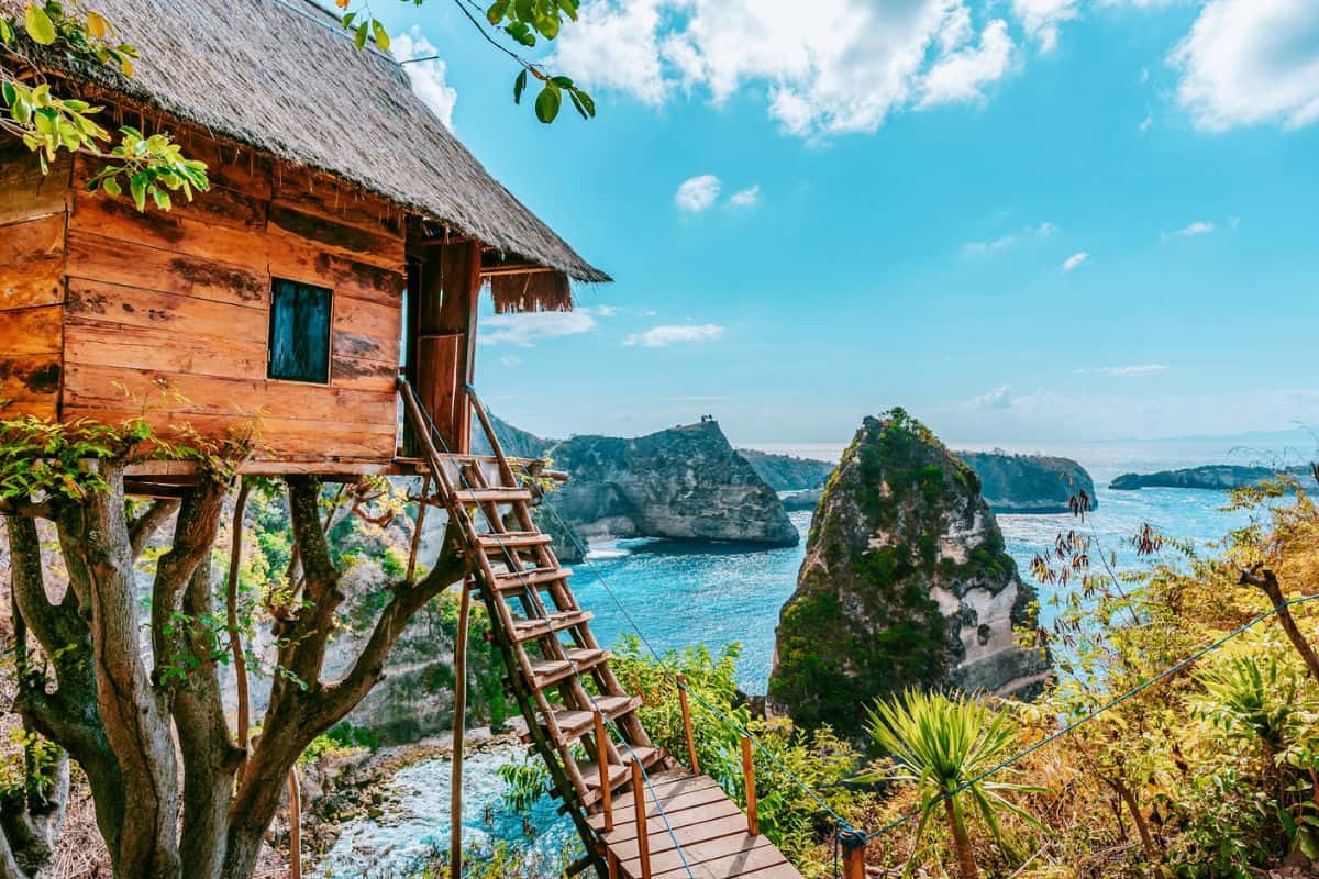 A wooden treehouse with a ladder overlooking the rugged coastline of Nusa Penida in Indonesia