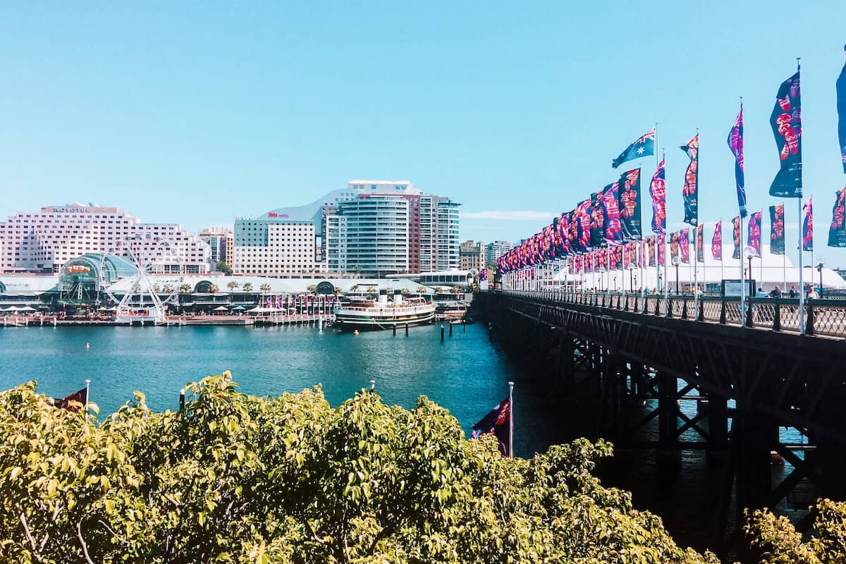 A city skyline beside water with a bridge covered in flags in Sydney