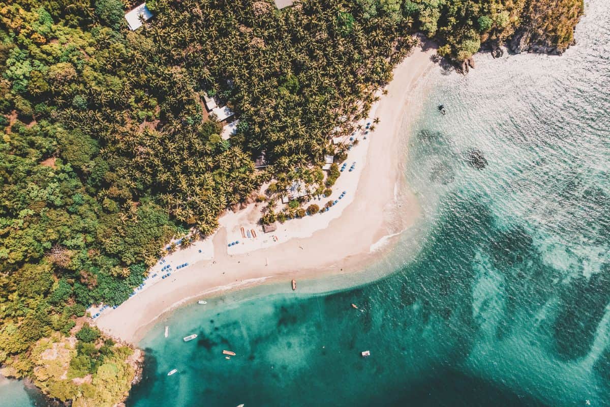 An aerial view of the tropical coastline of Costa Rica's Isla Tortuga