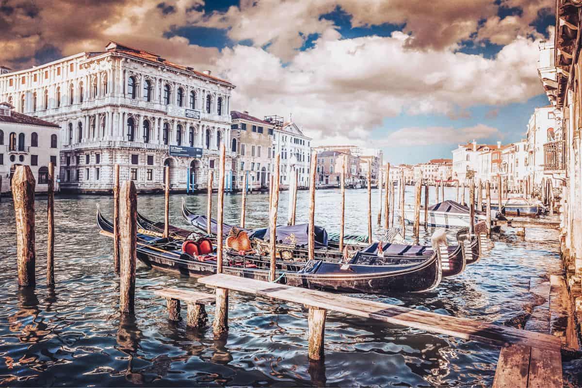Gondolas on Venice's Grand Canal on a cloudy winter day