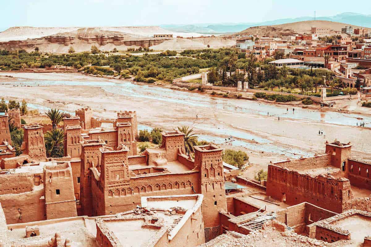 A view across the historic village of Aït Benhaddou in desert scenery in Morocco
