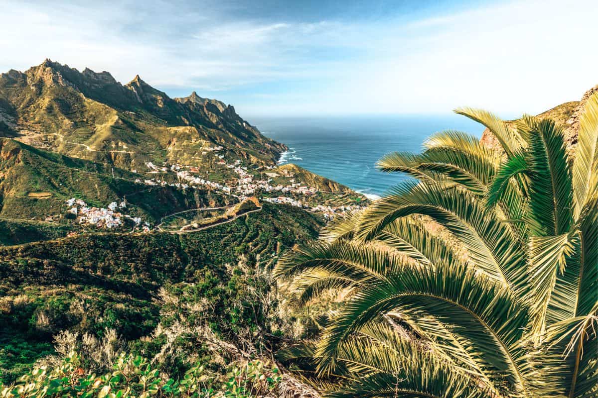 A viewpoint in Tenerife looking towards the sea across green mountainous scenery