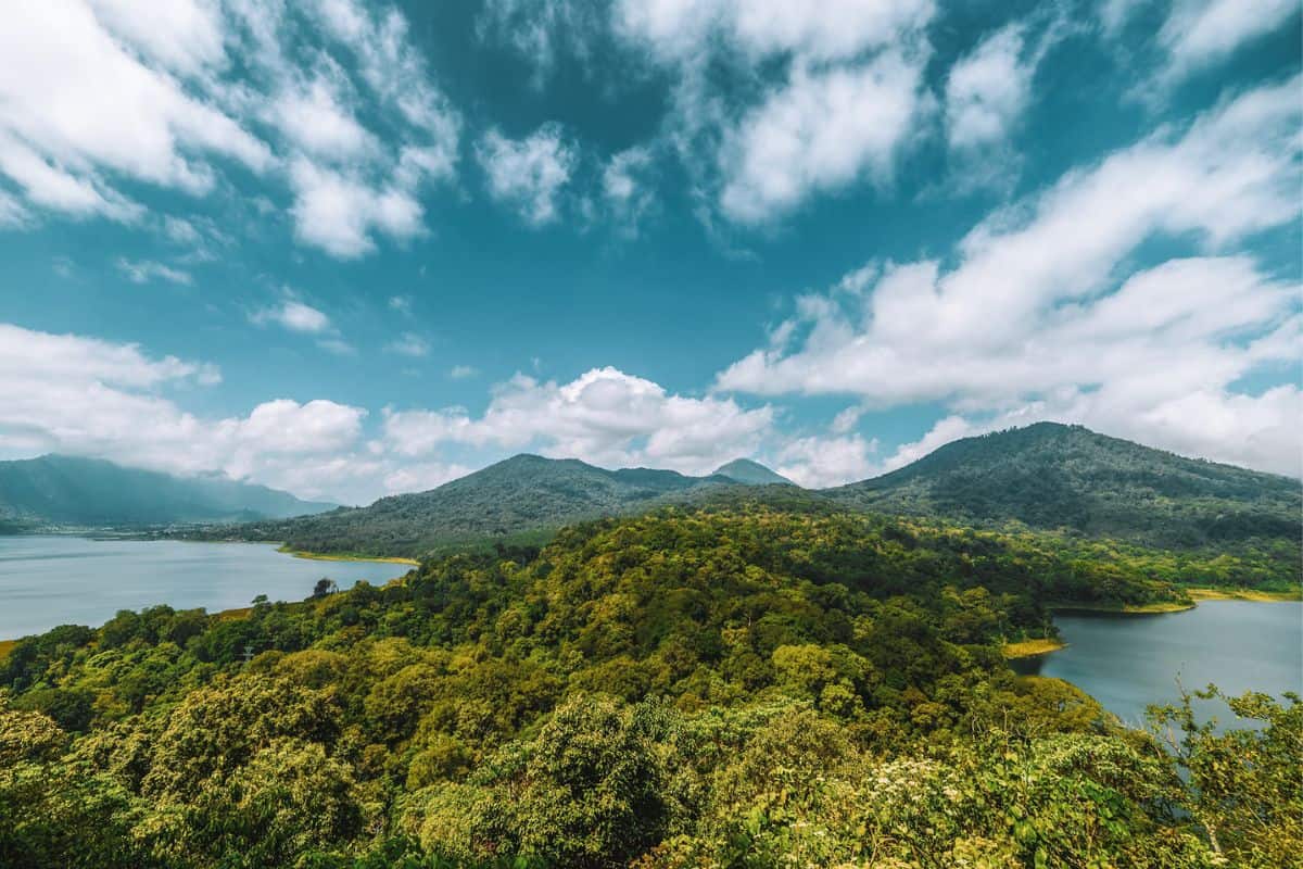 A viewpoint across two lakes side by side in Bali