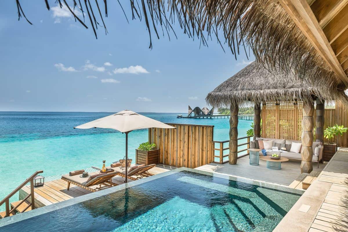 A view from a luxury overwater villa with a private pool at JOALI resort in the Maldives