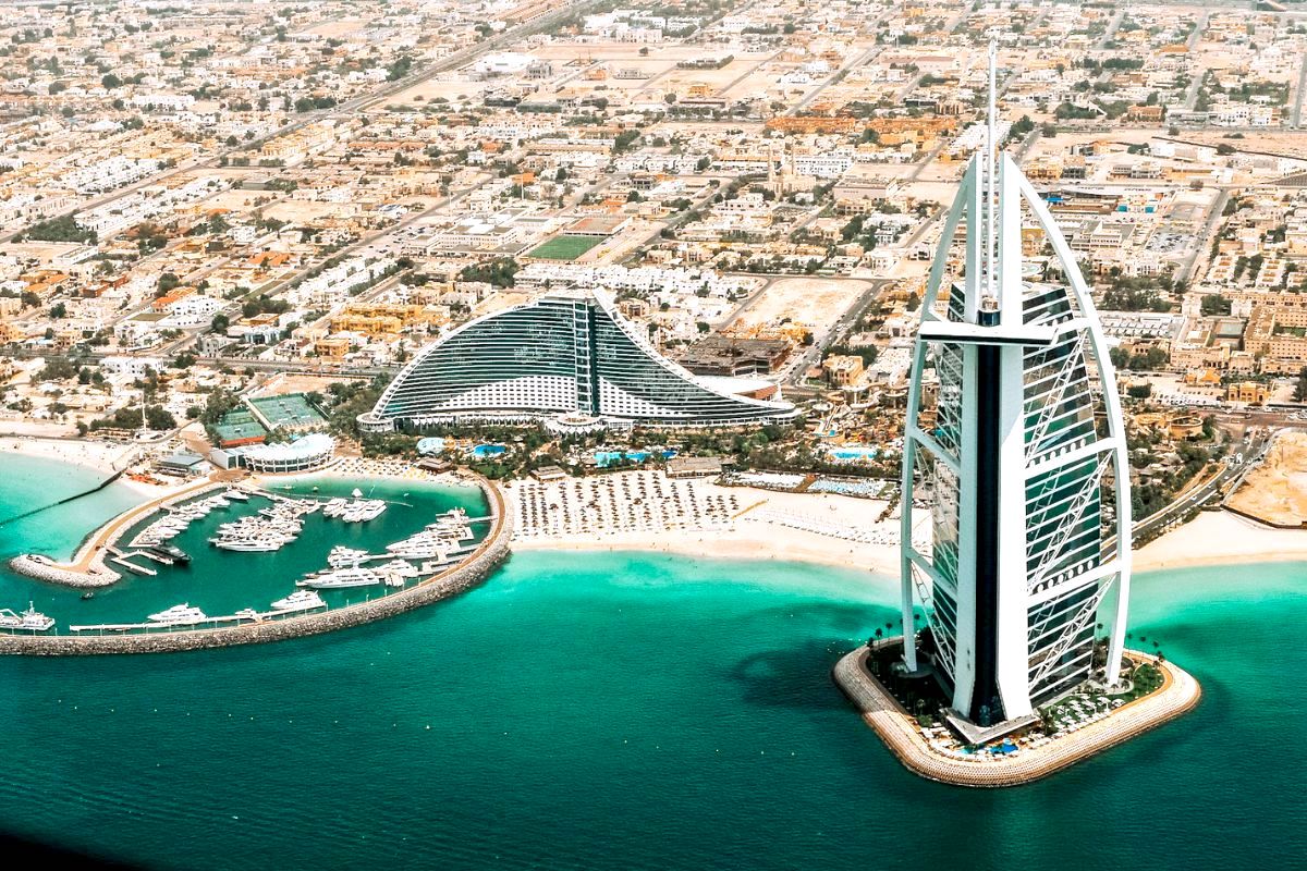 A view towards the iconic sail-shaped, Burj Al Arab hotel, off the coast of Dubai
