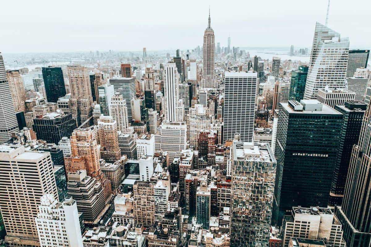 View across to the Empire State Building and rooftops in New York City on a winter's day