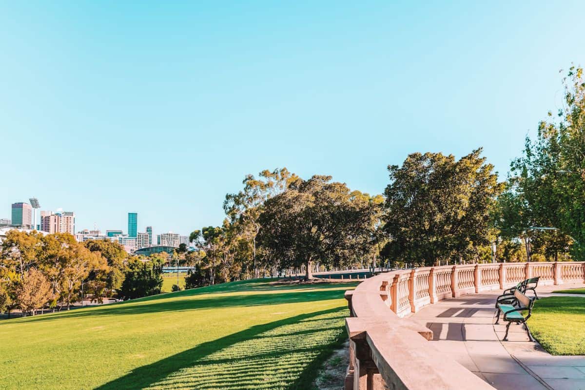 A bench in a park overlooking the skyline of Adelaide city in Australia